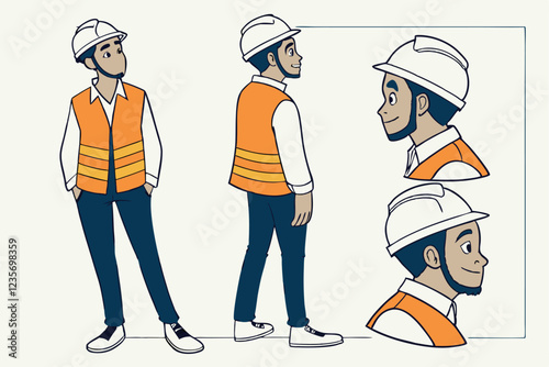 Construction worker, character design, animated style, flat illustration, orange safety vest, white hard hat, different poses, body parts, facial expressions, modular design, customizable avatar, vect