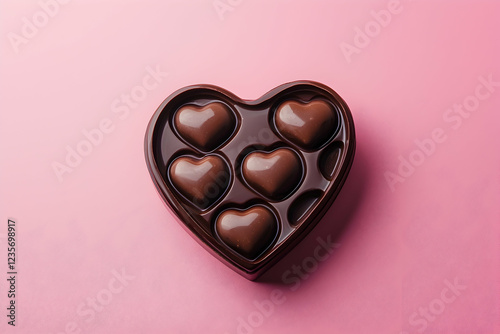 A heart-shaped chocolate box, elegantly placed on a solid pink background