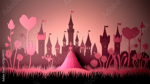Princess in pink gown, fairytale castle, paper art, romantic background, greeting card