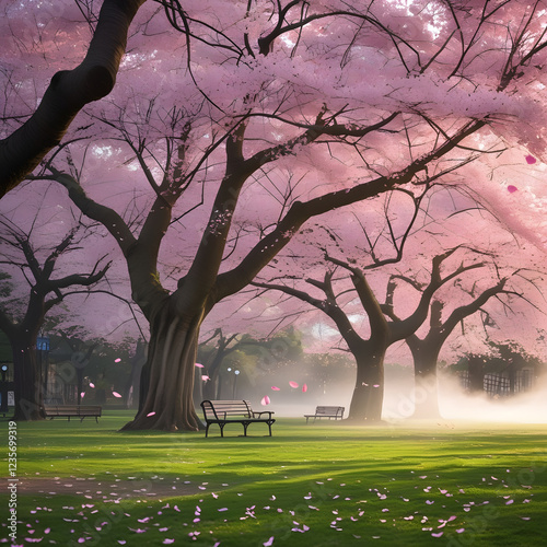 A serene cherry blossom park in full bloom, with petals gently falling in the breeze.

 photo