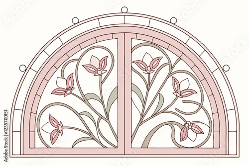Stained glass window, art nouveau style, floral motifs, arched frame, intricate patterns, pastel colors, symmetrical design, delicate lines, botanical elements, ornate border, translucent appearance, 
