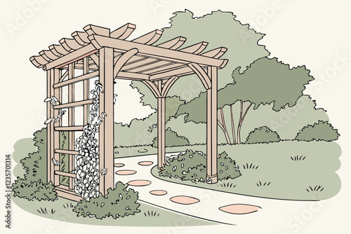 Watercolor painting, rustic wooden garden arbor, timber frame construction, decorative trellises, climbing vines, lush greenery, tranquil garden scene, soft pastel colors, delicate brushstrokes, archi