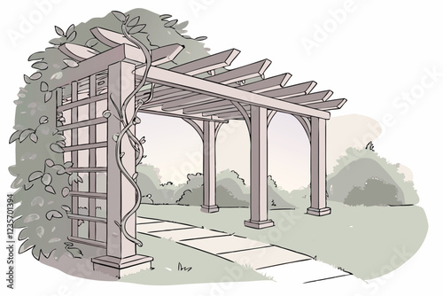 Watercolor painting, rustic wooden garden arbor, timber frame construction, decorative trellises, climbing vines, lush greenery, tranquil garden scene, soft pastel colors, delicate brushstrokes, archi