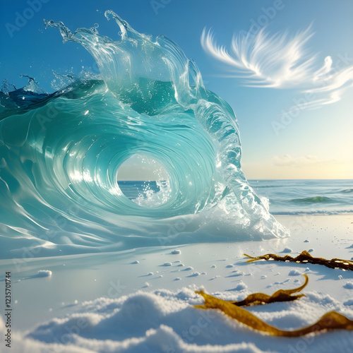 crystal-clear ocean wave curling perfectly before crashing onto a white sandy beach.

 photo