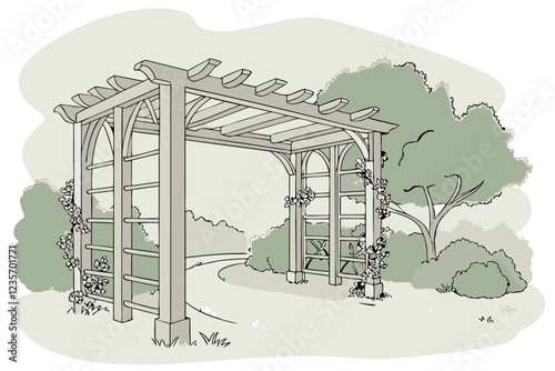 Watercolor painting, rustic wooden garden arbor, timber frame construction, decorative trellises, climbing vines, lush greenery, tranquil garden scene, soft pastel colors, delicate brushstrokes, archi