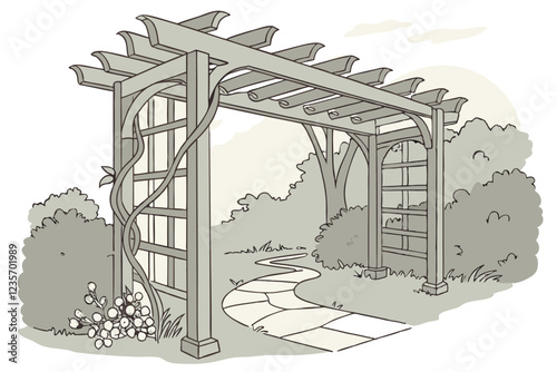 Watercolor painting, rustic wooden garden arbor, timber frame construction, decorative trellises, climbing vines, lush greenery, tranquil garden scene, soft pastel colors, delicate brushstrokes, archi