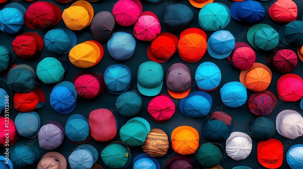 A vibrant and dynamic collection of colorful hats arranged in a dense, eye-catching pattern, creating a rich tapestry of textures A vibrant and dynamic collection of colorful hats arranged in a dense, eye-catching pattern, creating a rich tapestry of textures