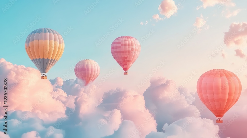 Naklejka premium Colorful hot air balloons soar above fluffy pastel clouds at sunset, ideal for travel or adventure