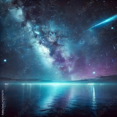 Un sereno cielo nocturno en 4K cubierto de estrellas titilantes. La Vía Láctea se extiende vívidamente a lo largo del lienzo celeste, brillando en tonos de azul y violeta. Una lluvia de meteoritos atr