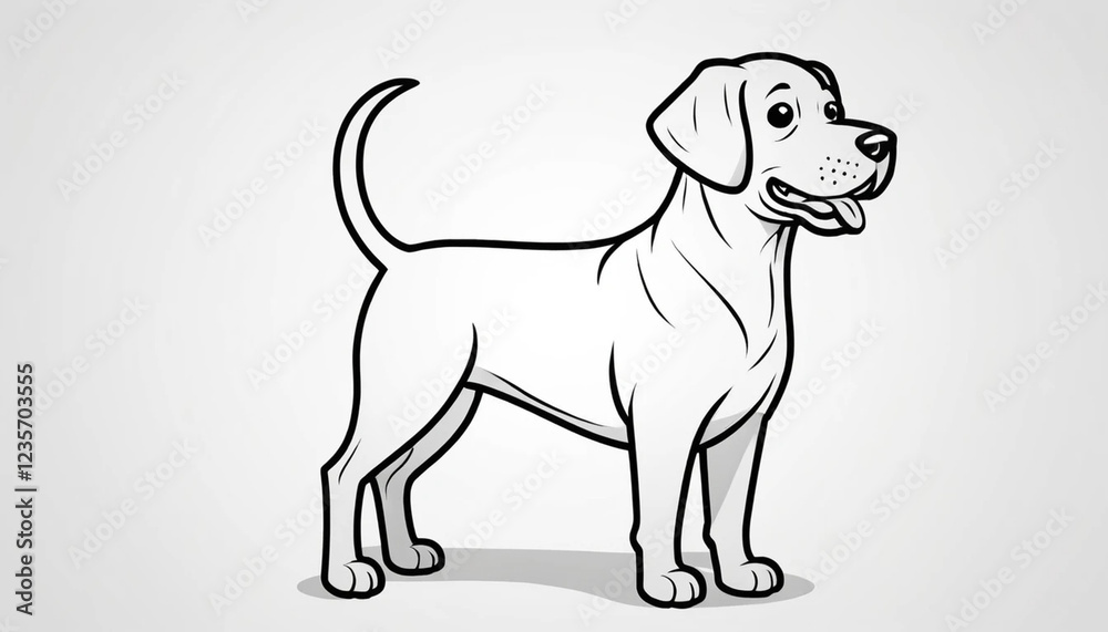 Fototapeta premium A cute cartoon Labrador Retriever dog standing, black and white outline illustration