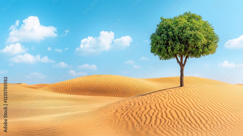Lone Tree in Vast Desert Landscape Under Bright Blue Sky Lone Tree in Vast Desert Landscape Under Bright Blue Sky