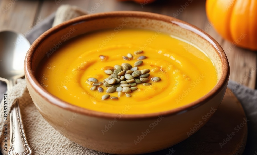 Delicious pumpkin soup with seeds garnish Delicious pumpkin soup with seeds garnish