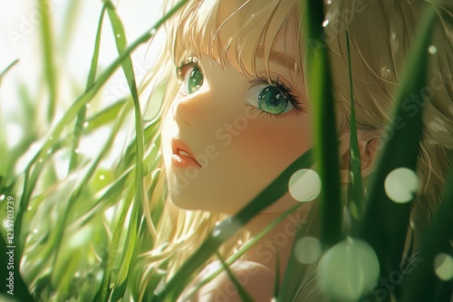 Sunlit doll with green grass highlights and captivating gaze, Green Grass Sunlight 08 Dolly L