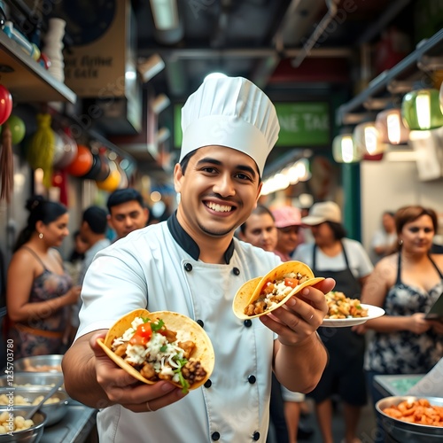 Chef hispano sosteniendo comida latina (tacos, ceviche) con una gran sonrisa. En un bullicioso mercado callejero mexicano, el chef sostiene un taco recién hecho mientras sonríe con alegría. Detrás de  photo