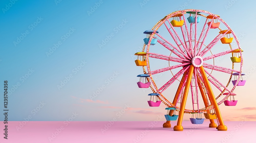 Fototapeta premium Joyful Ferris Wheel at Sunset: Whimsical Pink and Orange Amusement Park Ride