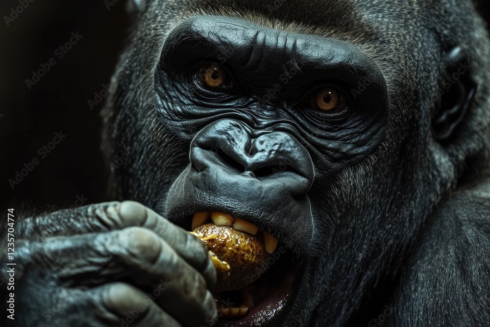 Obraz premium Western lowland gorilla enjoys a meal while chewing slowly in a natural habitat, western lowland gorilla chews his food slowly slow motion