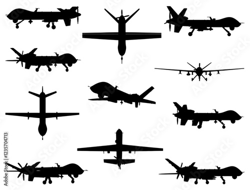 MILITARY DRONES SILHOUETTE ON WHITE BACKGROUND