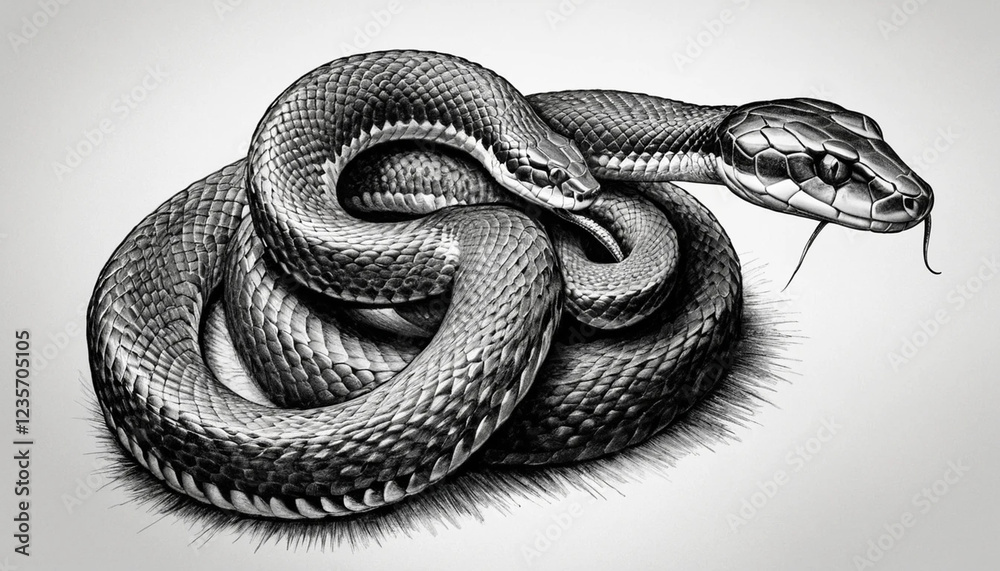 Obraz premium A hyperrealistic pencil drawing of a coiled black snake, showcasing intricate details of its scales and texture, a masterful piece of art.