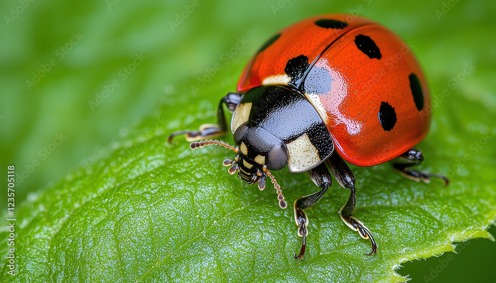 Fototapeta premium ladybug resting on fresh green leaf, symbolizing nature beauty
