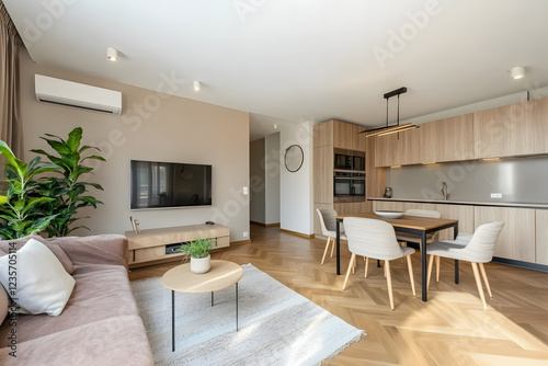 Modern Open-Plan Living Area with Beige Sofa and Light Wood Kitchen