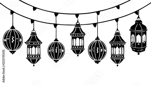 A beautifully illustrated string of  silhouette vector   lanterns hanging on a delicate glowing wire.