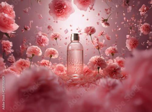 A clear glass bottle of perfume sits amidst a flurry of falling pink carnations.  The soft pink background enhances the delicate floral fragrance suggested.