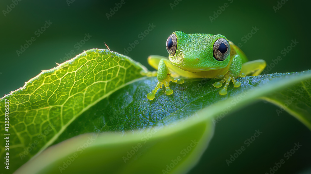 vibrant green frog perched on fresh leaf, showcasing biodiversity vibrant green frog perched on fresh leaf, showcasing biodiversity