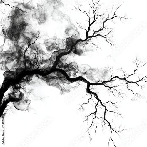 Abstract black and white tree silhouette with smoky texture and intricate branch patterns against a blank background