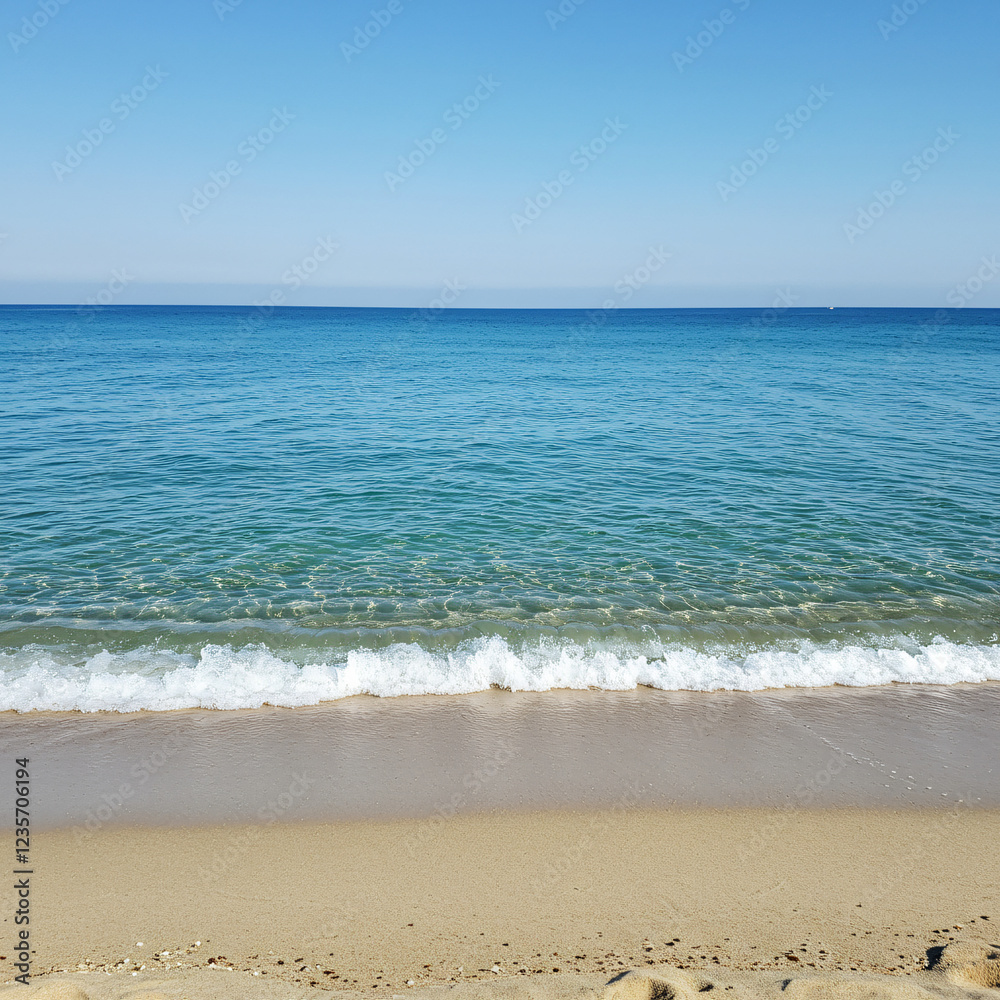 Serene Beach Scene with Calm Ocean Waves and Sandy Shore Serene Beach Scene with Calm Ocean Waves and Sandy Shore