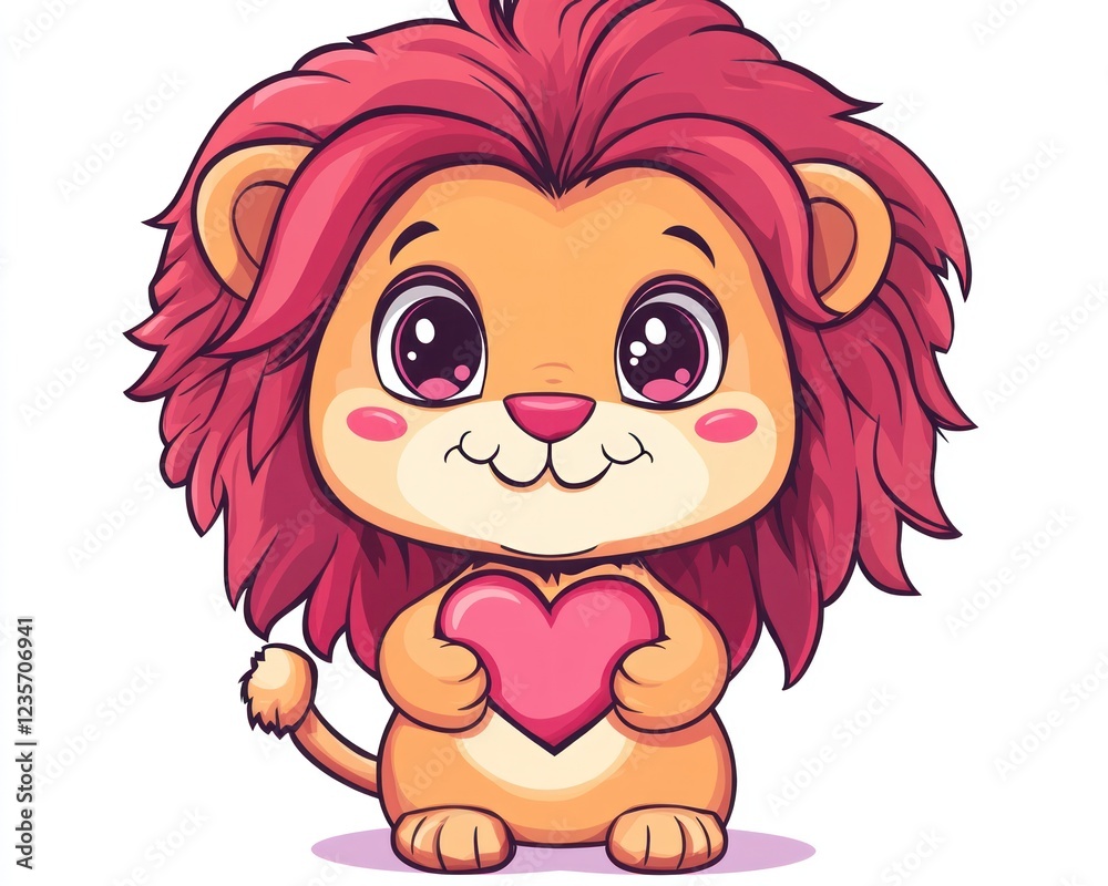 Fototapeta premium Cute lion cub holding heart, white background, Valentine's card (1)