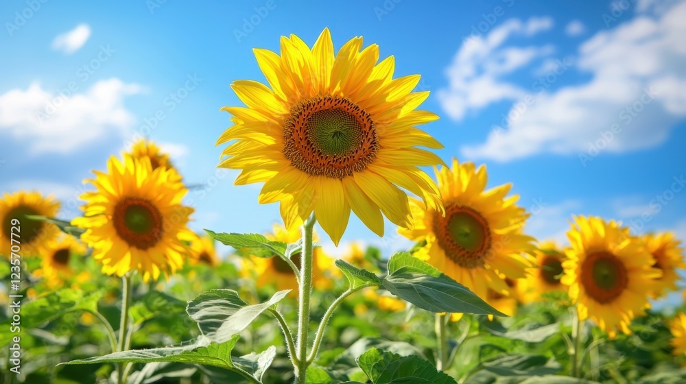 Vibrant Sunflower Field Under Blue Sky with Fluffy White Clouds Vibrant Sunflower Field Under Blue Sky with Fluffy White Clouds