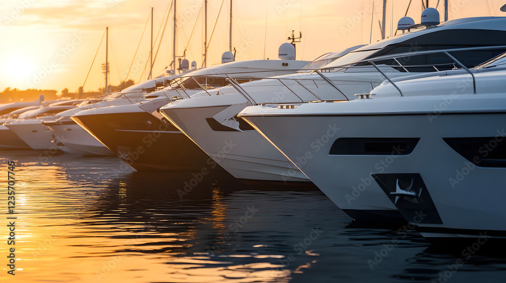 Fototapeta premium Multiple Luxury Motor Yachts Moored at Sunset