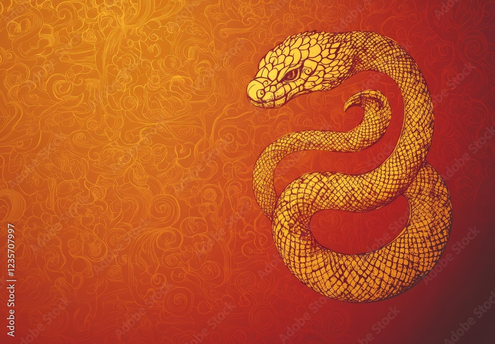 Fototapeta premium Intricate golden snake illustration on a vibrant orange background with ornate patterns