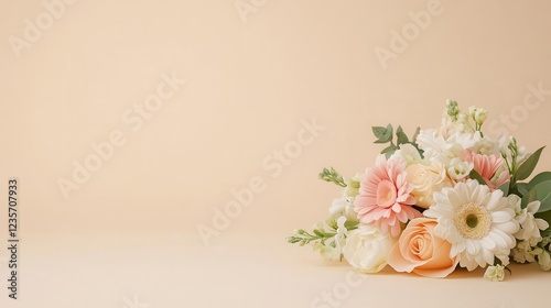 A small, colorful bouquet resting on a pastel yellow background, bright even lighting highlighting vibrant petals, clean composition with space for text