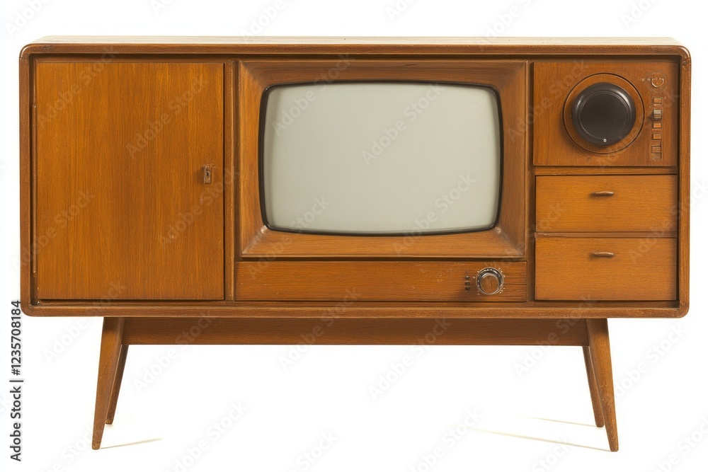 Retro Mid-Century Television With Wood Paneling, Featuring a Blank Screen Against a White Background Retro Mid-Century Television With Wood Paneling, Featuring a Blank Screen Against a White Background