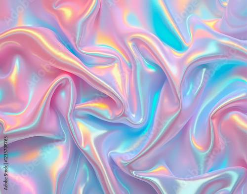 Seamless Holographic Taffeta Marble with iridescent folds mimicking fabric, designed for haute couture fashion textiles, offering a luxurious, sophisticated aesthetic. photo