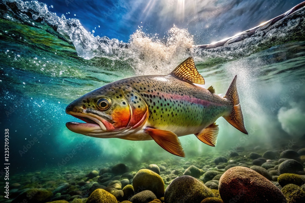 Fototapeta premium Bubbles rise, cutthroat trout, unseen depths. High-angle view.