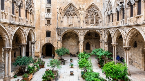 Tranquil Courtyard with Lush Greenery and Medieval Architecture