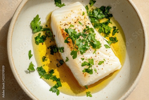 Sous Vide Cod Fillet Delicately Seasoned and Garnished With Parsley Oil on a Minimalist Dish photo