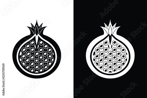 Minimalist Pomegranate Fruit Icons for Natural Food Projects. pomegranate, food, fruit, seed, illustration, symbol, vector, half