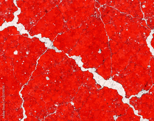 Seamless blood-red Levanto marble with white dendritic fractures and volcanic ash inclusions, 3D scanned quarry texture for realistic design. photo