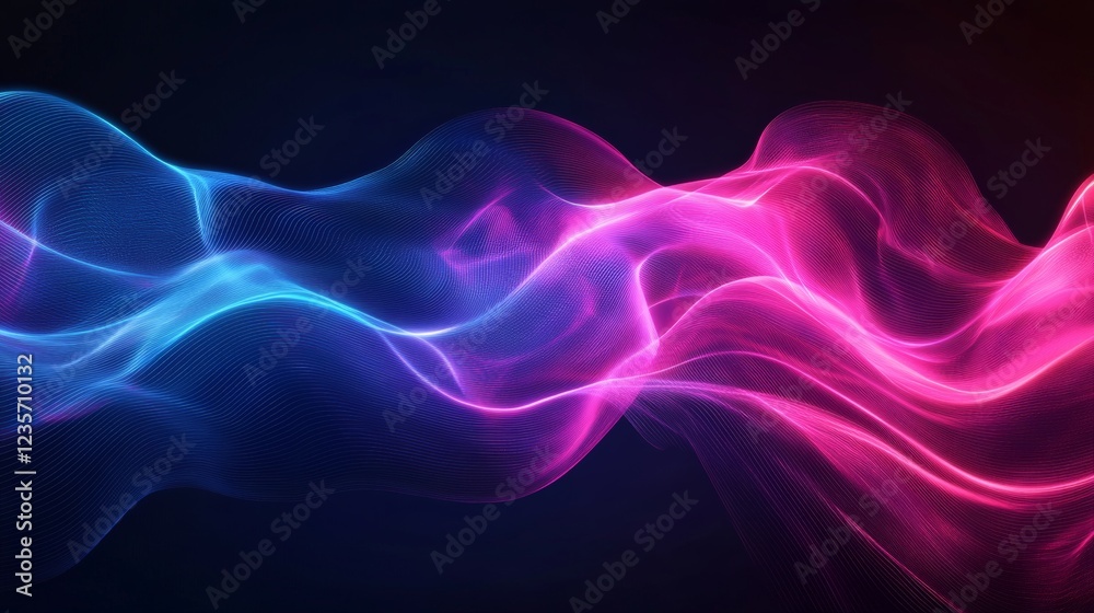 Abstract illustration with glowing pink and blue wavy lines on a dark background. With a futuristic feel, this design is perfect for banners, digital art, wallpaper backgrounds. Abstract illustration with glowing pink and blue wavy lines on a dark background. With a futuristic feel, this design is perfect for banners, digital art, wallpaper backgrounds.