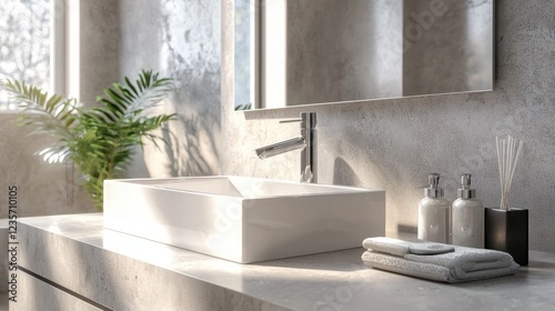Modern Minimalist Bathroom Sink with Natural Light and Greenery