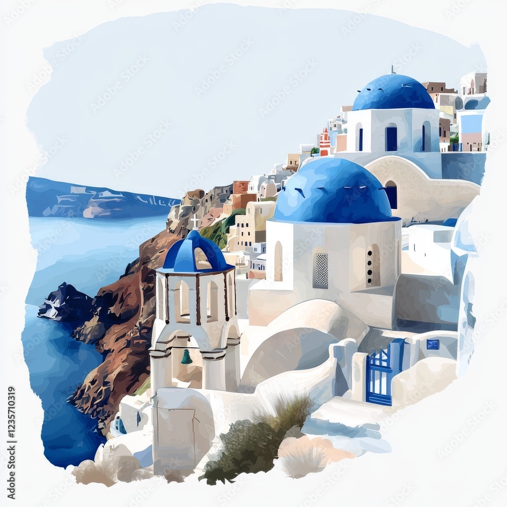 Fototapeta premium Stunning Aerial View of Santorini Island Featuring Iconic White Buildings and Blue Domes Against a Bright Sky