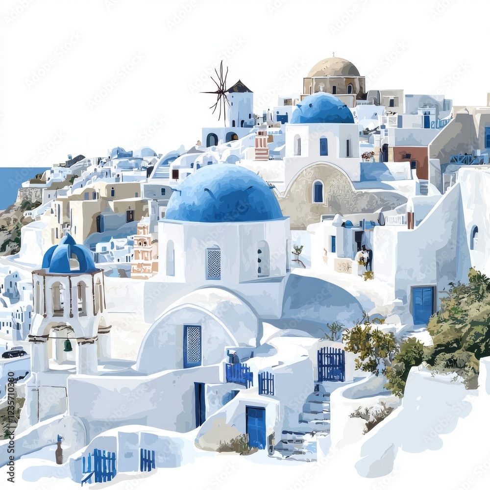 Naklejka premium Whitewashed Buildings with Blue Domes and Windmill in Santorini, Greece, Under Clear Blue Sky in Daylight