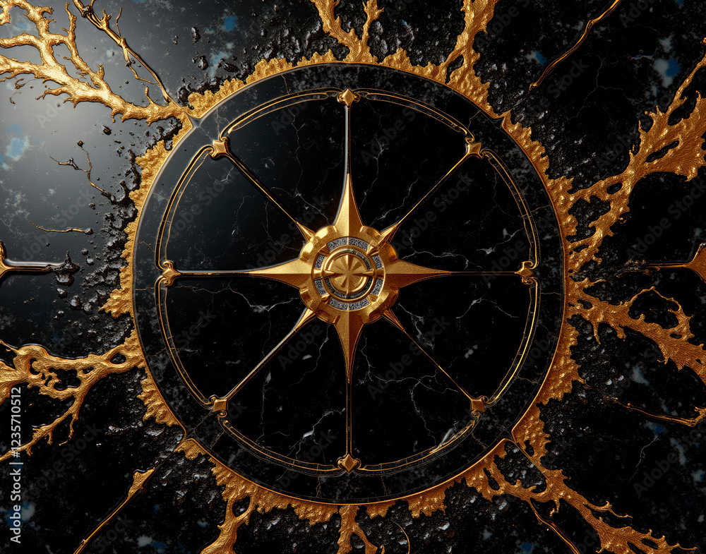 Fototapeta premium Infinite black onyx marble with gold dendritic fractals and polished obsidian reflection, featuring an occult sigil tile pattern.