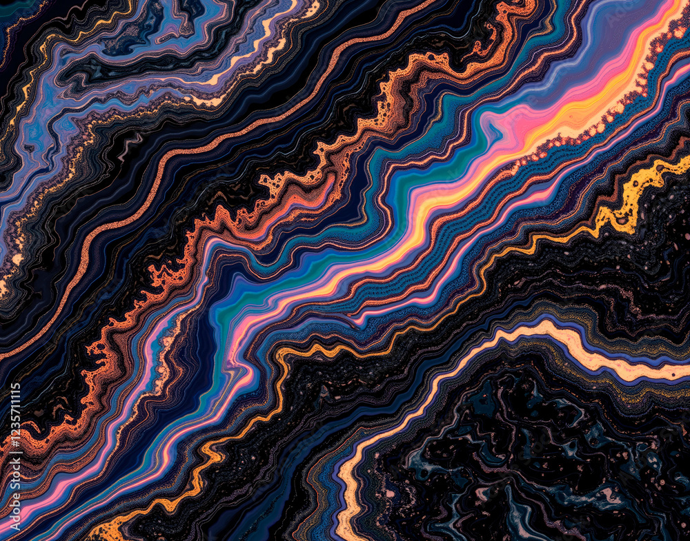 Obraz premium Infinite oil slick marble with a rainbow sheen on black granite, featuring interference patterns reminiscent of gasoline on water