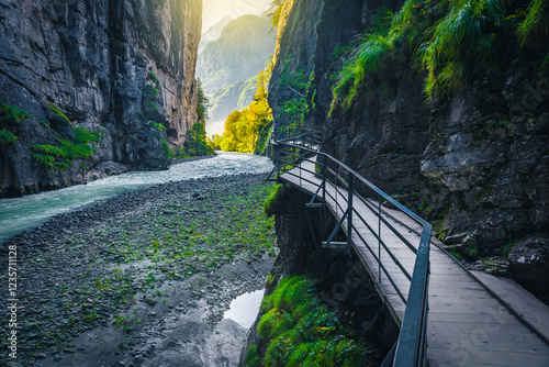 Obraz na płótnie Tourist footbridge in the narrow Aare gorge, Meiringen, Switzerland w salonie