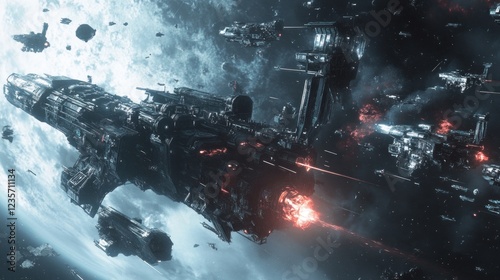 Wallpaper Mural A futuristic space scene featuring a large spacecraft amidst asteroids and smaller ships. Torontodigital.ca