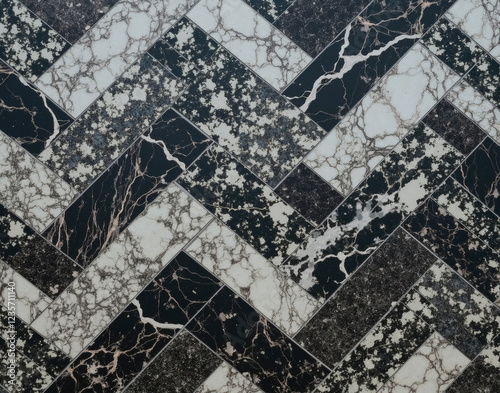 Tessellating black-and-white Statuario marble herringbone pattern with polished reflective surface, featuring procedural noise for organic veining variation. photo